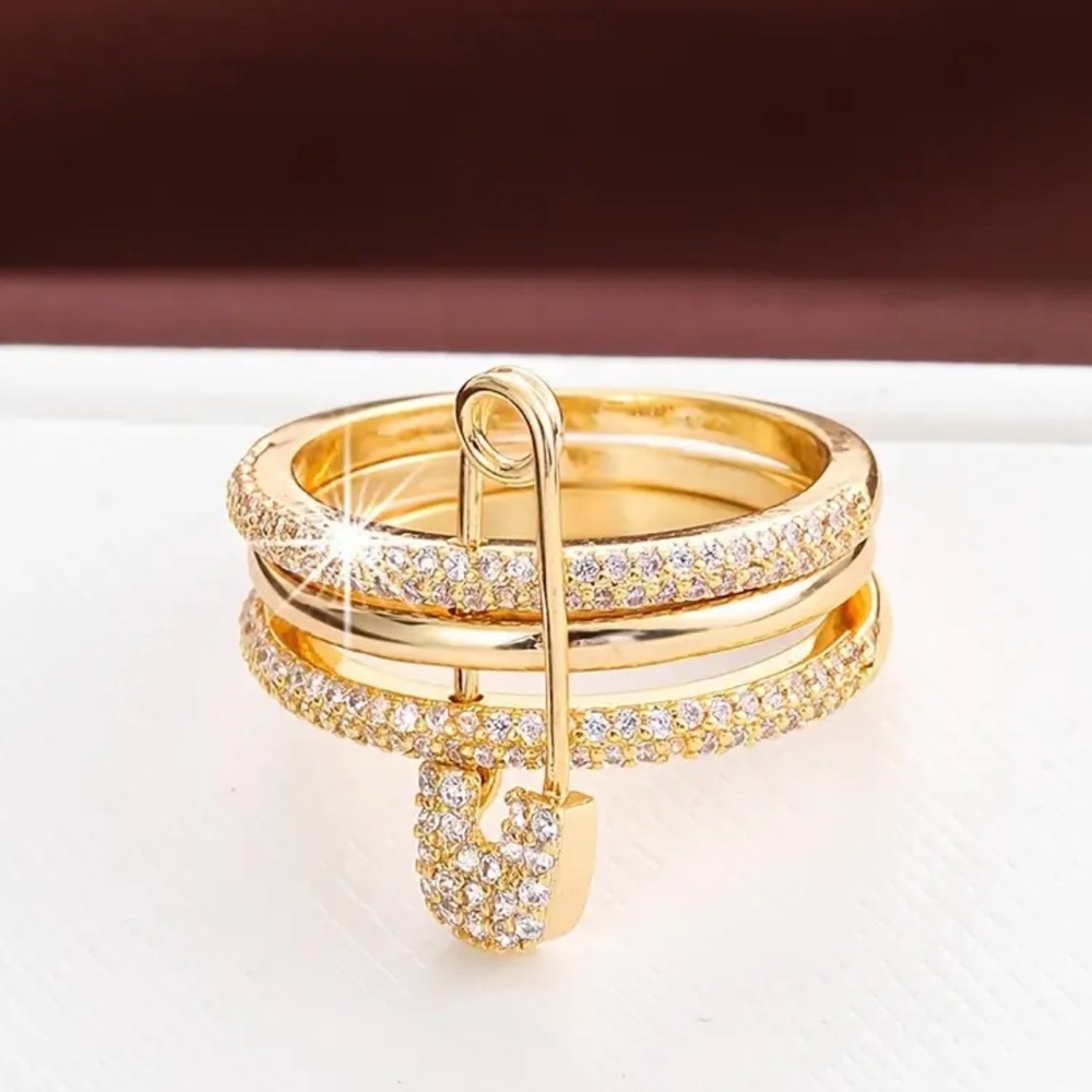 Multi-layer gold tone safety pin ring with cubic zirconia - Picture 3 of 9